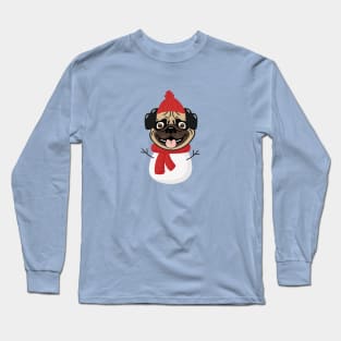 Snowpug (Snowman Pug) Dog Head with Winter Clothes Long Sleeve T-Shirt